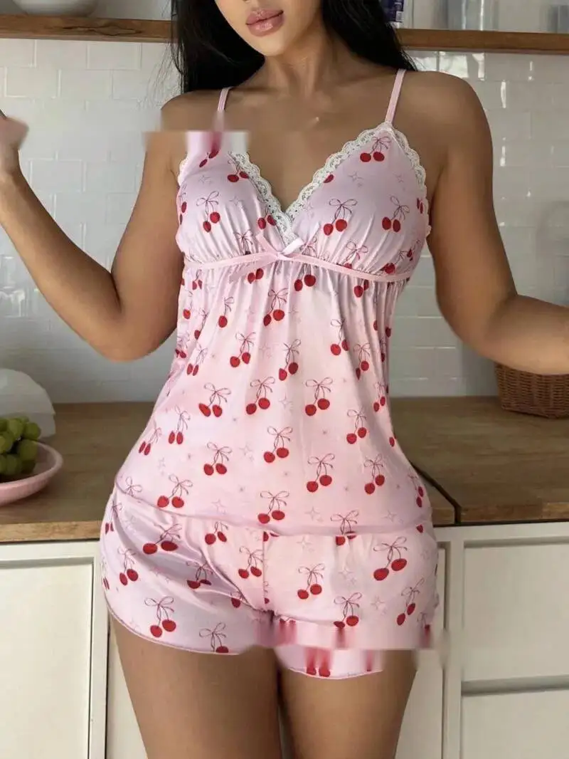 

Повседневный стиль, комплекты одежды для сна с треугольными чашками и v-образным вырезом, шорты Pure Desire, шорты без рукавов с глубоким V-образным вырезом и цветочным принтом, элегантные комплекты 46TO