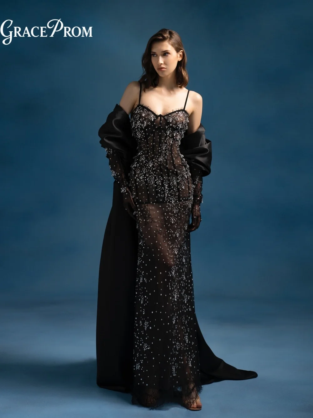 

Exquisite Black Sheer Mesh Beaded Evening Gown Spaghetti Strap Sweetheart Party Dress For Wedding Guests NO Glove فساتين سهرة