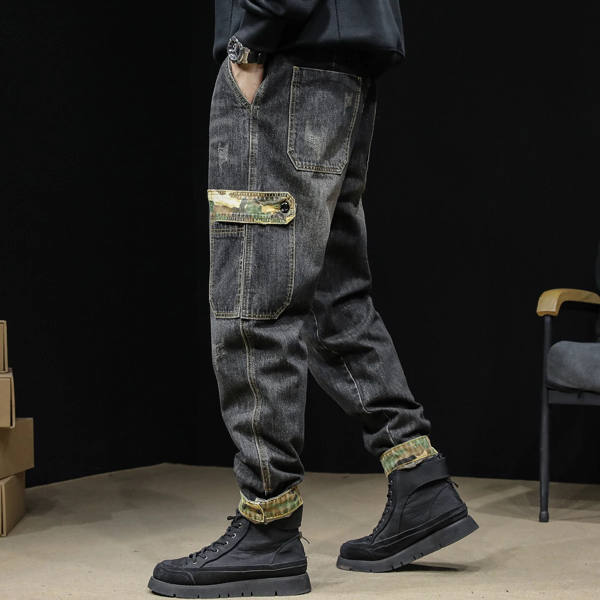

Мужские джинсы свободного прямого кроя, осенне-зимние, камуфляжные, рабочие брюки из плотного денима, со средней посадкой, на молнии, молодежные, модные