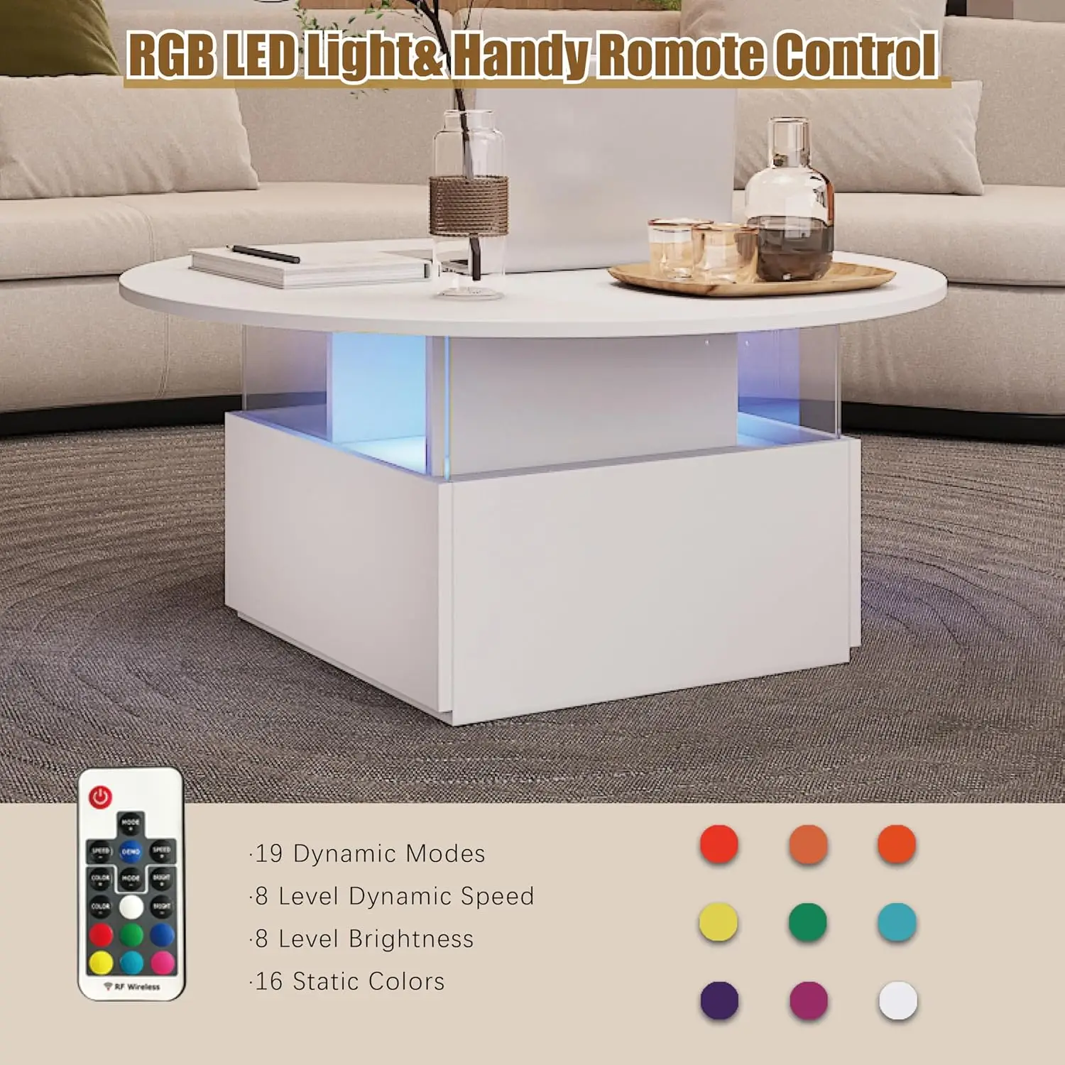 31.5" Modern LED Round Coffee Table - White Acrylic & Wood Center Table with 2 Sliding Drawers,