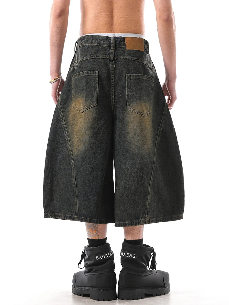 Retro American Distred Knife  Jeans Men's Summer Streetwear Loose Casual Wide Leg orts Straight Leg Fit Jeans