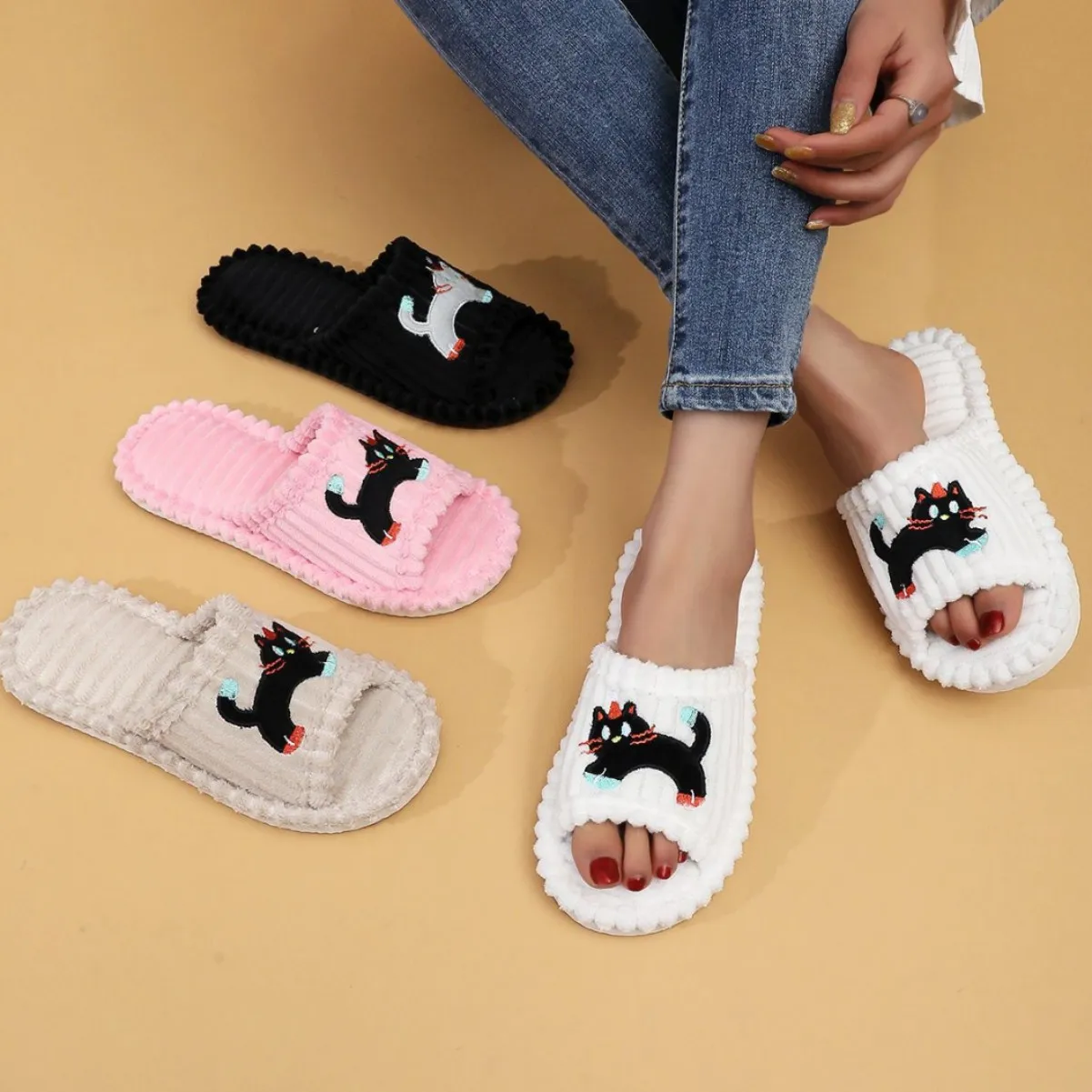 Cute Striped Cat Home Slippers Women Four Seasons Open Toe Soft Sole Cotton Slides Woman Comfort Indoor Flats Corduroy Slippers