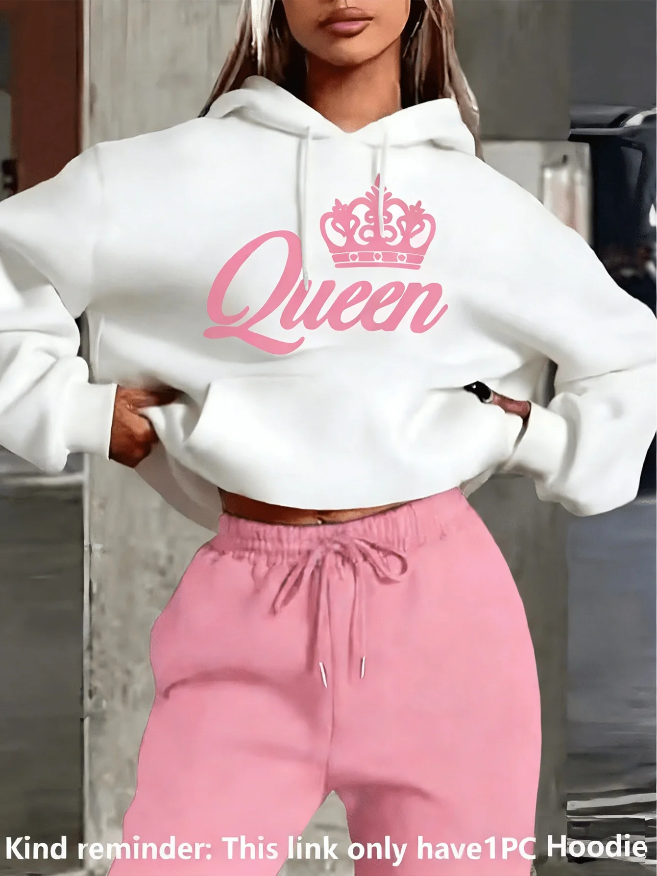 Women' Queen Crown Hoodie with Queen Cursive Print & Crown Accent - Soft Pink Hooded, Loose Drop Shoulder Fit Suitable for Gatherings,, Office, Casual Attire, Machine Washable Girly Style Outfits