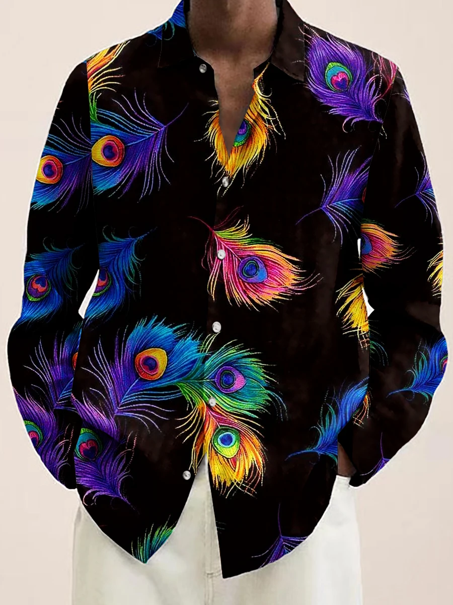 Men Long Sleeve Turn-down Collar Button-Up Shirt Colorful Peacock Feather Print Casual Holiday Party Outfit For Male