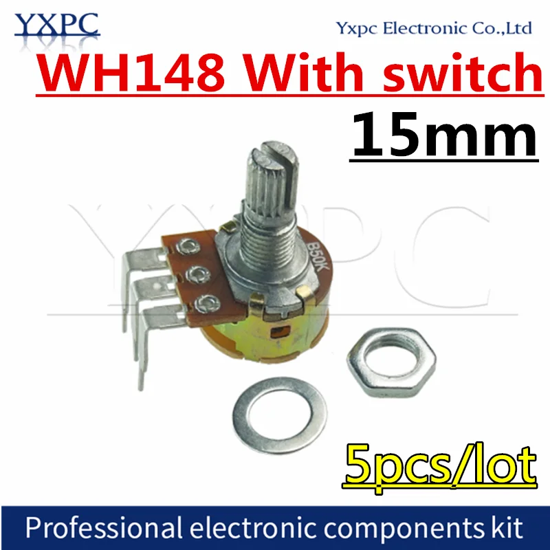 5szt WH148 3-pinowy potencjometr z przełącznikiem 1K 2K 5K 10K 20K 50K 100K 250K 500K 1M Ohm Potencjometr głośności wzmacniacza mocy