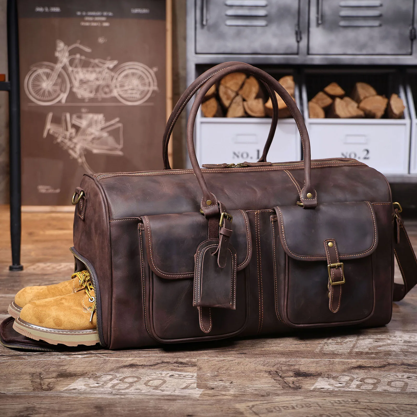 S.WORKER Vintage Echtleder-Reisetasche aus Crazy-Horse-Rindsleder, handgefertigte Weekender-Tasche, Sporttasche – Detail 17