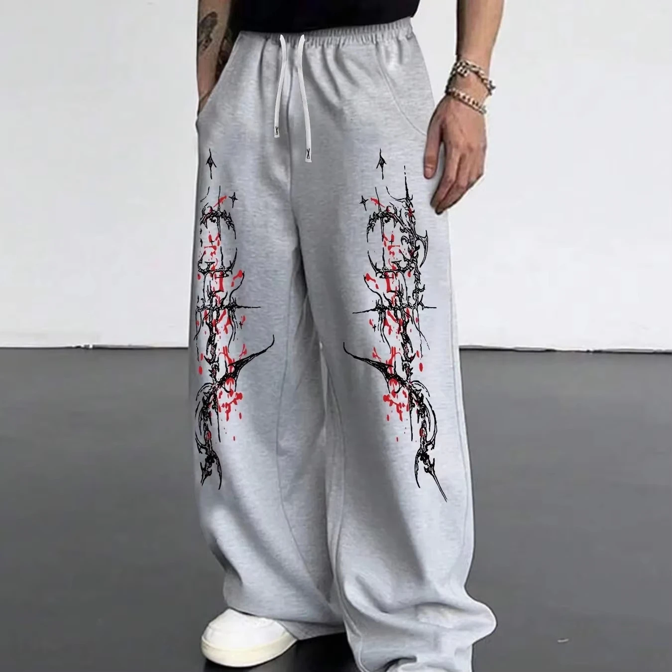 2026 Trendy Unisex Abstract Thorn Blood Splash Graphic Straight‑Leg Jogger Pants Dark Punk Hip Hop Street Loose Trousers