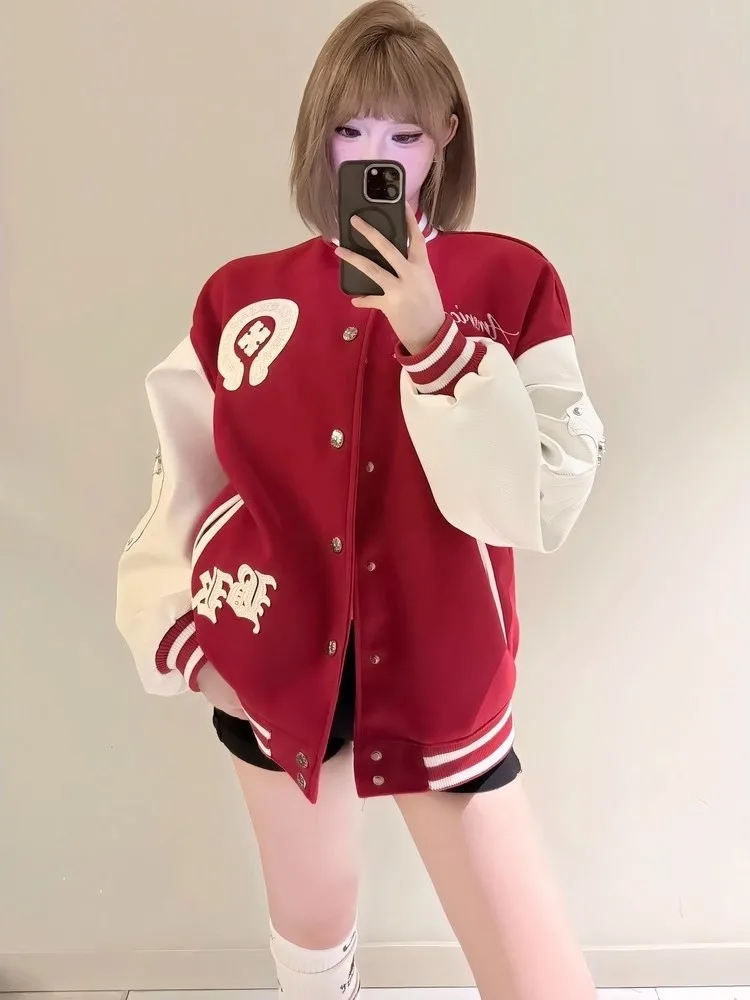 

Retro American Cross Stitch PU Leather Sve Jaet Loose Fit Men's Women's Autumn Winter New Sle Couple's Baseball Jersey