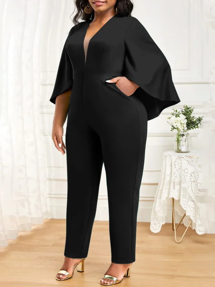 Wmstar Plus Size Romper kobiety solidne rozkloszowane pół rękaw V dekolt legginsy damskie damskie kombinezon biurowy Dropshipping bez paska