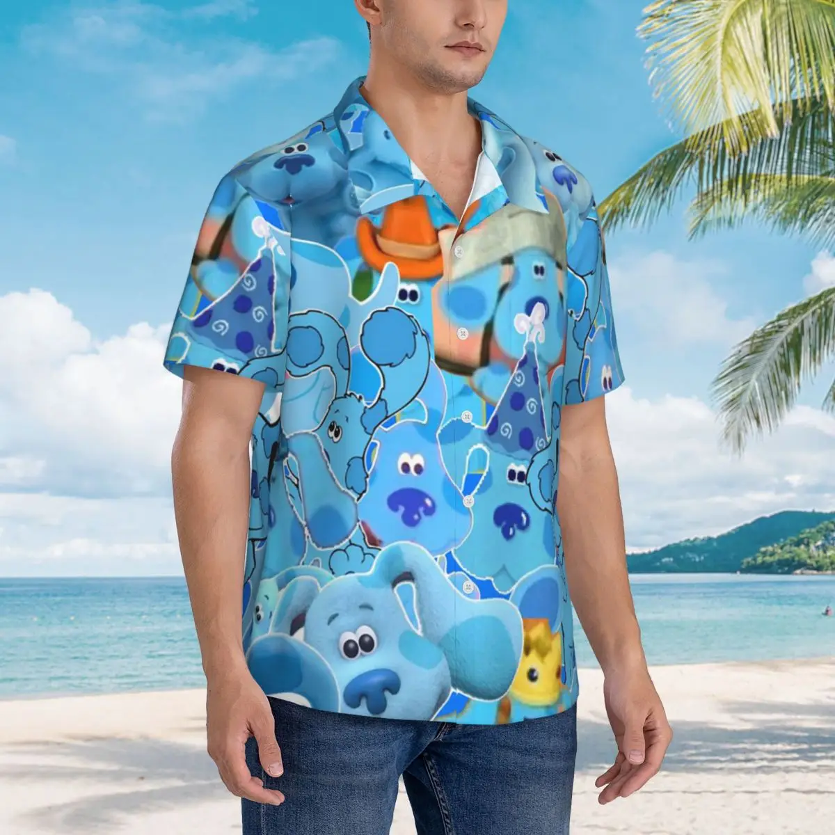 

Blue's Clues Blue Dog Cartoon Hawaiian Shirts Funny Men Short Sleeve Shirt for Summer Beach Men's Lapel Tops