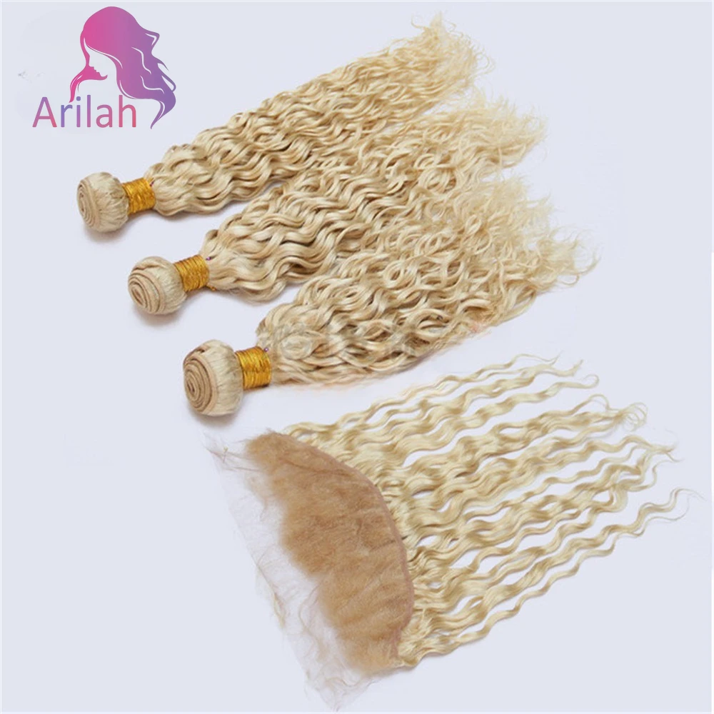 

2/3 шт., человеческие волосы с волнами воды, 613, пучки блондинок с кружевом 13x4, фронтальная часть, 100% необработанные бразильские девственные волосы, класс 12А, 100 г/шт.