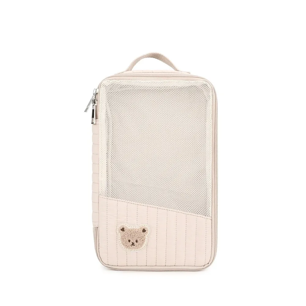 Cartoon Bear Embroidered Mesh Diaper Pouch Striped Zippered Baby Packing Cube Compact See-through Hanging Toiletry Bag Mother