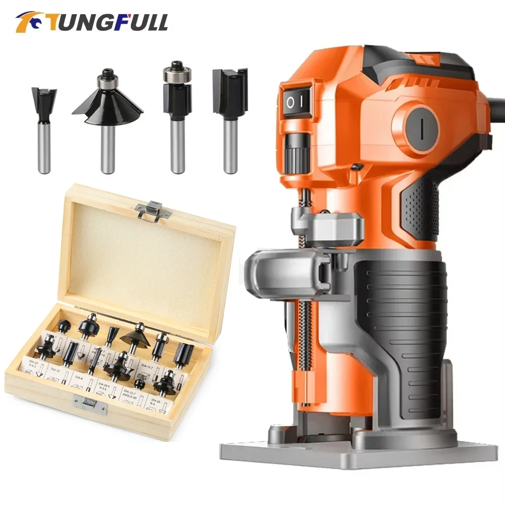 Electric Trimmer Router Woodworking Machine with Router Bits Set Edge Trimming Grooving Tool for DIY Carpentry