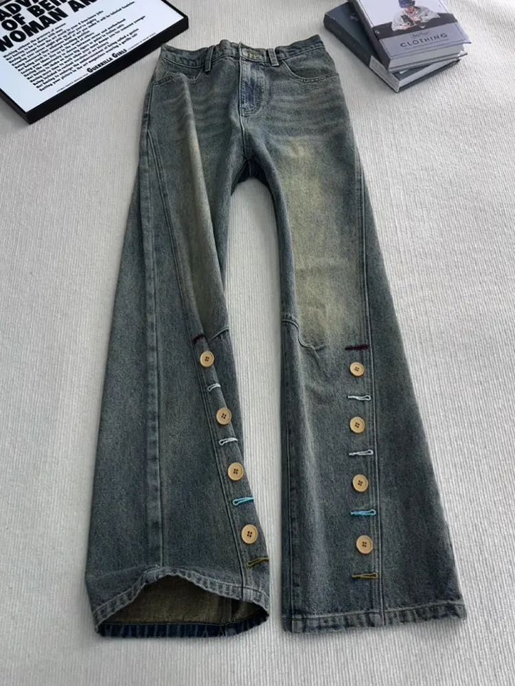 

Retro Blue Men's Flared Jeans Spring Button Design Straight Leg Knife American High Street Casual Wear Youth Fashion