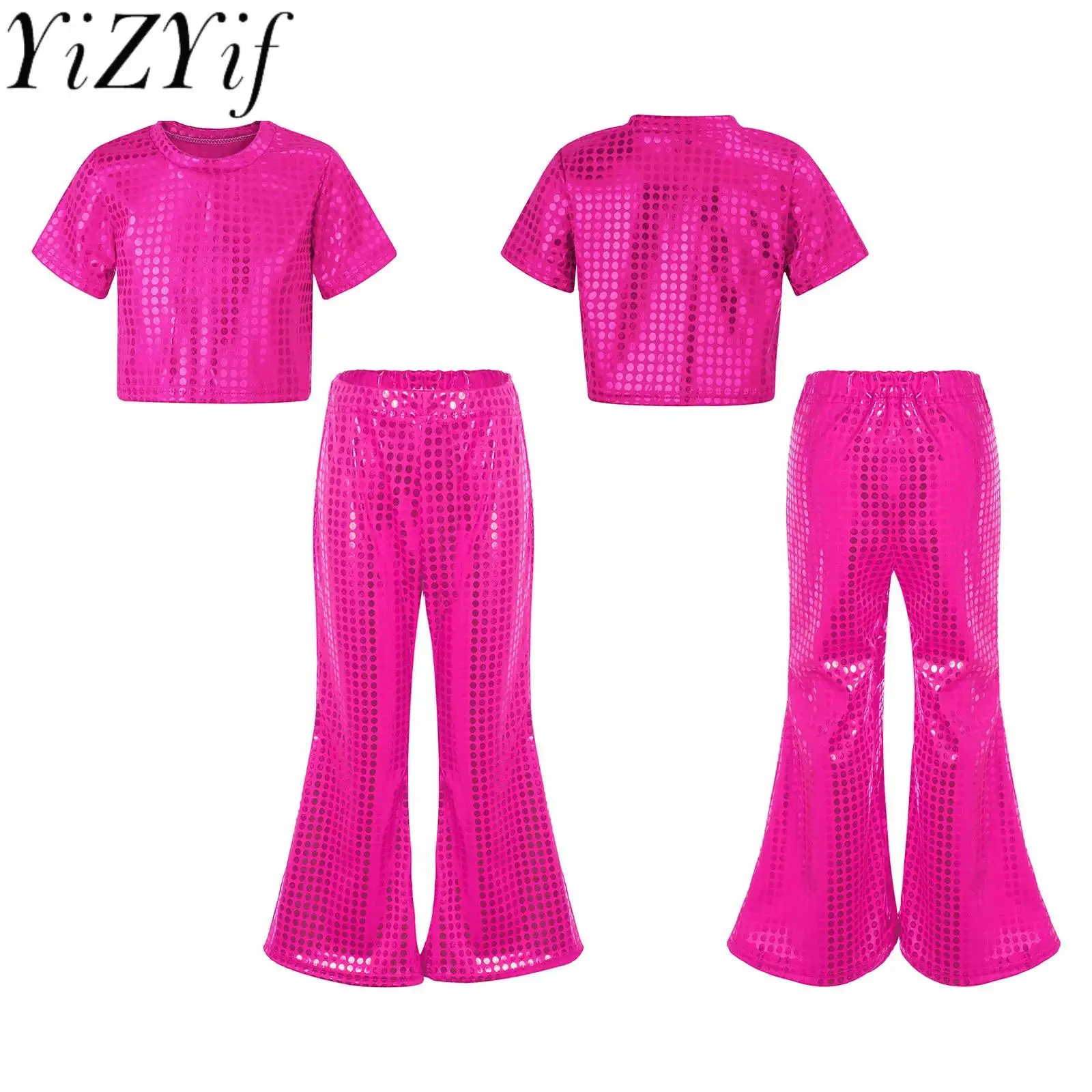 

Kids Girls Shiny Metallic Jazz Hip Hop Dance Costume Short Sleeve Crop Top with Flared Pants for Disco Dance Stage Performance