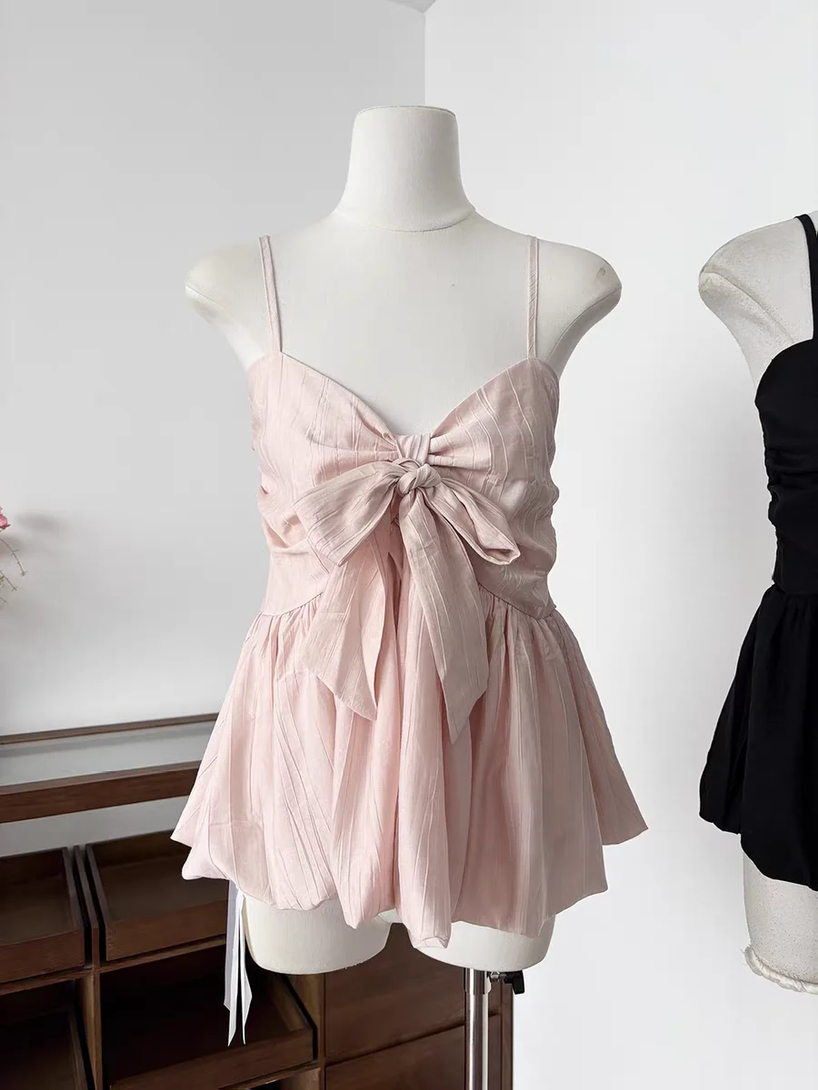 Bow Tie Camisole Top for Women Summer New Fashion Sweet Alluring A-line Hem Cinched Waist Going-Out Blouse Casual Elegant