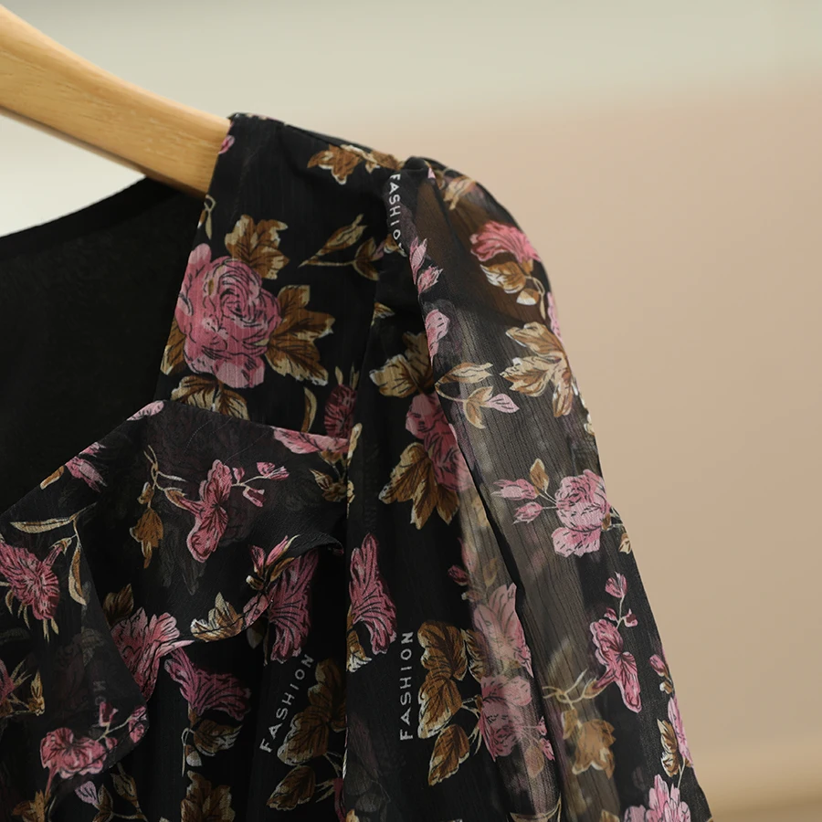 تونغ سلي الأزهار طباعة نفخة Sve Dr مع حزام عالية الخصر ort Sve ساحة طوق ألف خط الصيف الدكتور النسخة الكورية