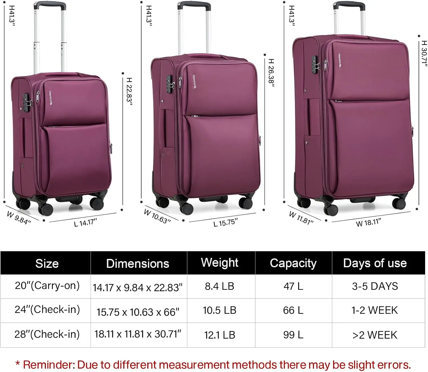 Hanke-Travel Mala Conjuntos com Rodas Spinner, Expansível Carry on Bagagem Set, Softside, Tsa Aprovado, 3 Piece