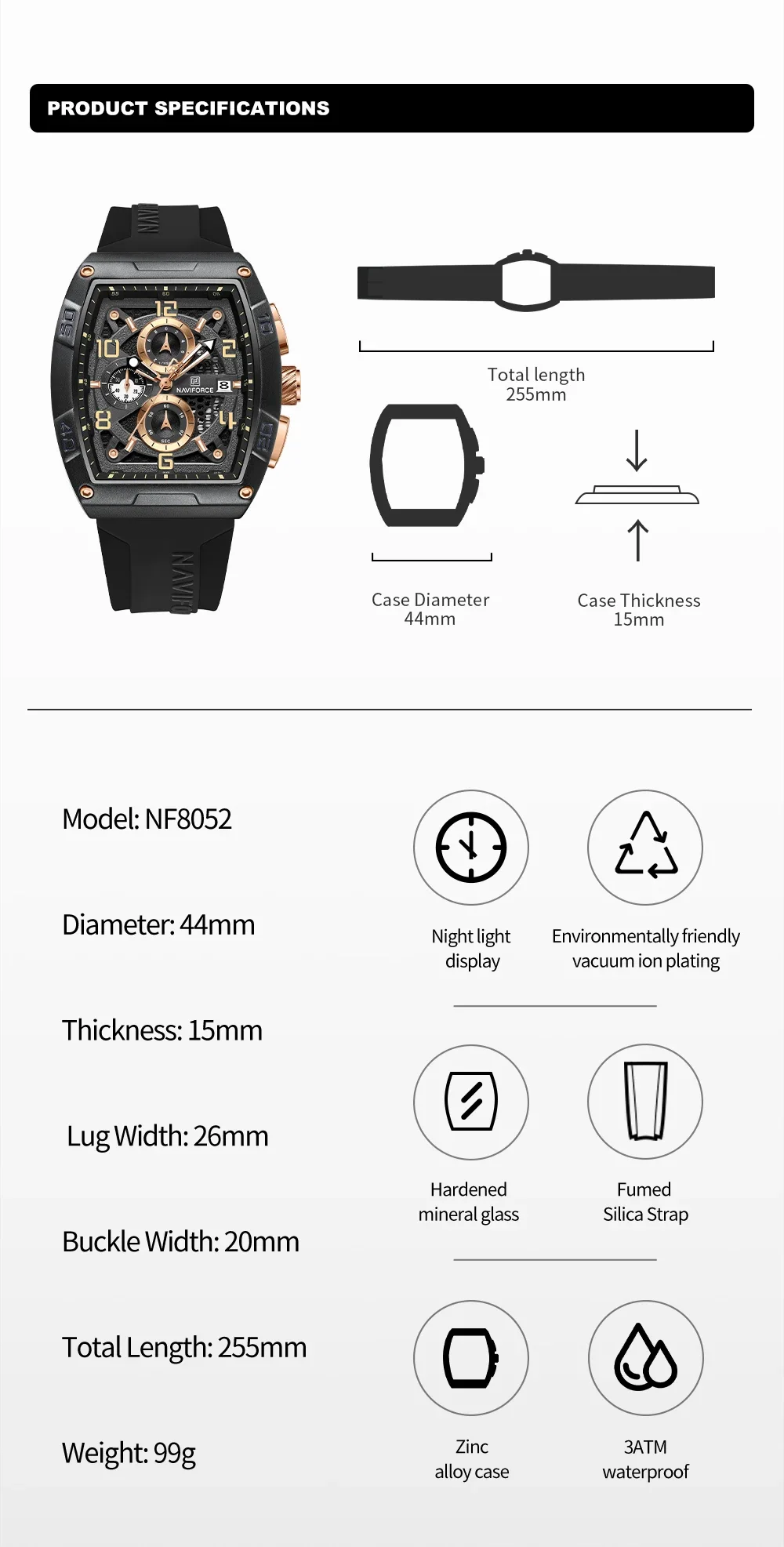 NAVIFORCE NF8052 Brand Men\'s Watch Fashion Silicone Band Quartz Wristwatch Waterproof Chronograph Luminous Clock