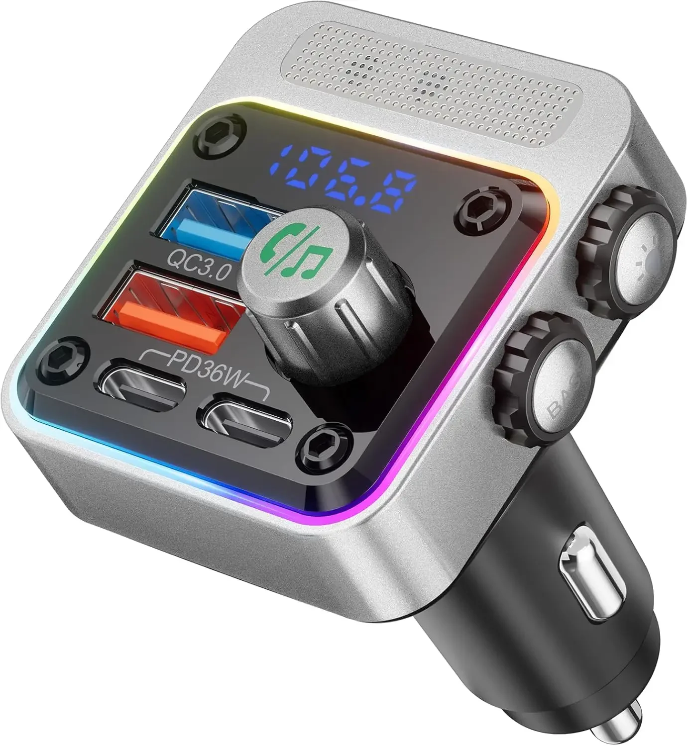 

54W Bluetooth 5.3 Car Adapter Wireless Radio FM Transmitter with Deep Bass Player & 5 Colors LED Backlit, Hands-Free Calling