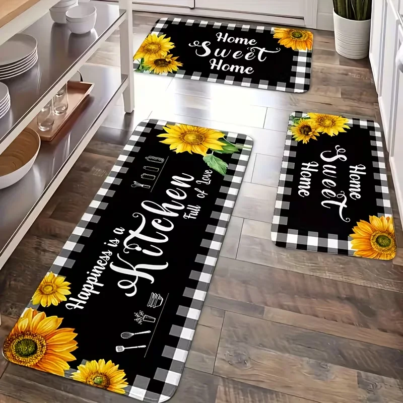 Sunflower Black White Gingham Non Skid Runner Rug for Kitchen Entryway Door Mat Living Room Hallway Sweet Home Soft Floor Mat