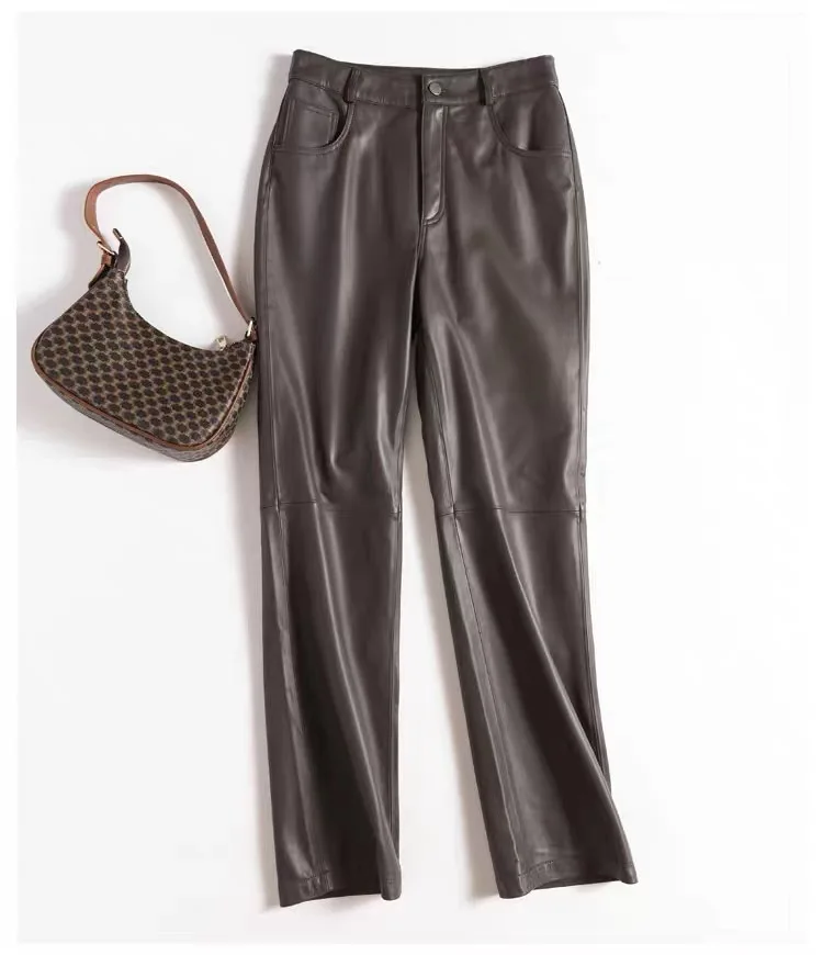 Women's Retro-Style Sheepskin Leather Pants Wide-Leg Straight-Leg Casual Flowing Genuine Leather Trousers