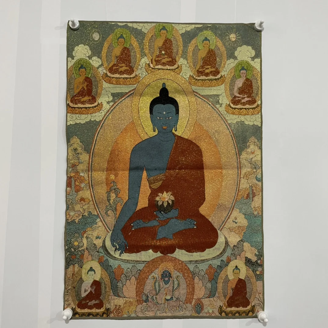 

35"Thangka Embroidery Tibetan Buddhism Silk Embroidery blue Medicine Buddha 7 Buddha Thangka hanging screen Worship Hall