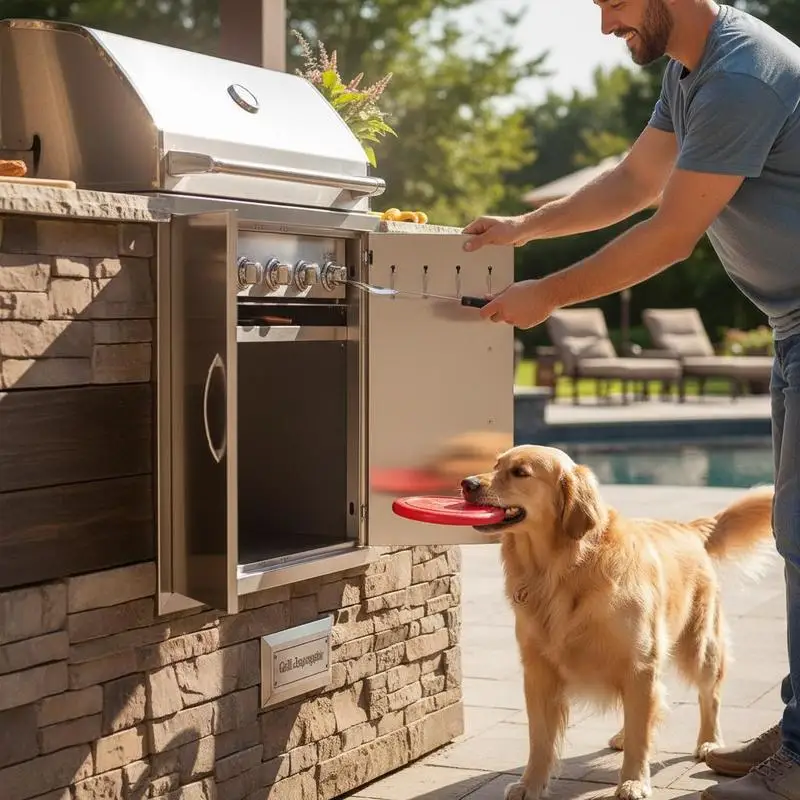 Outdoor Kitchen Access Gate 24W x 24H Inch For BBQ Island Grilling Station Outside Cabinet Double Wall Vertical Construction Integrated Handles Hanging Hooks Flush Mount Design Metal Texture Solid Structure