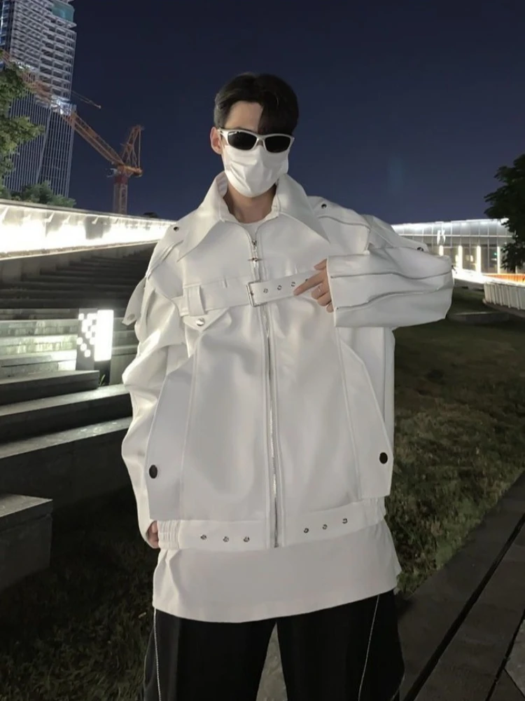 

Trendy High Street Men's Short White Leather Biker Jacket American Retro Streetwear Brand Spring Autumn​