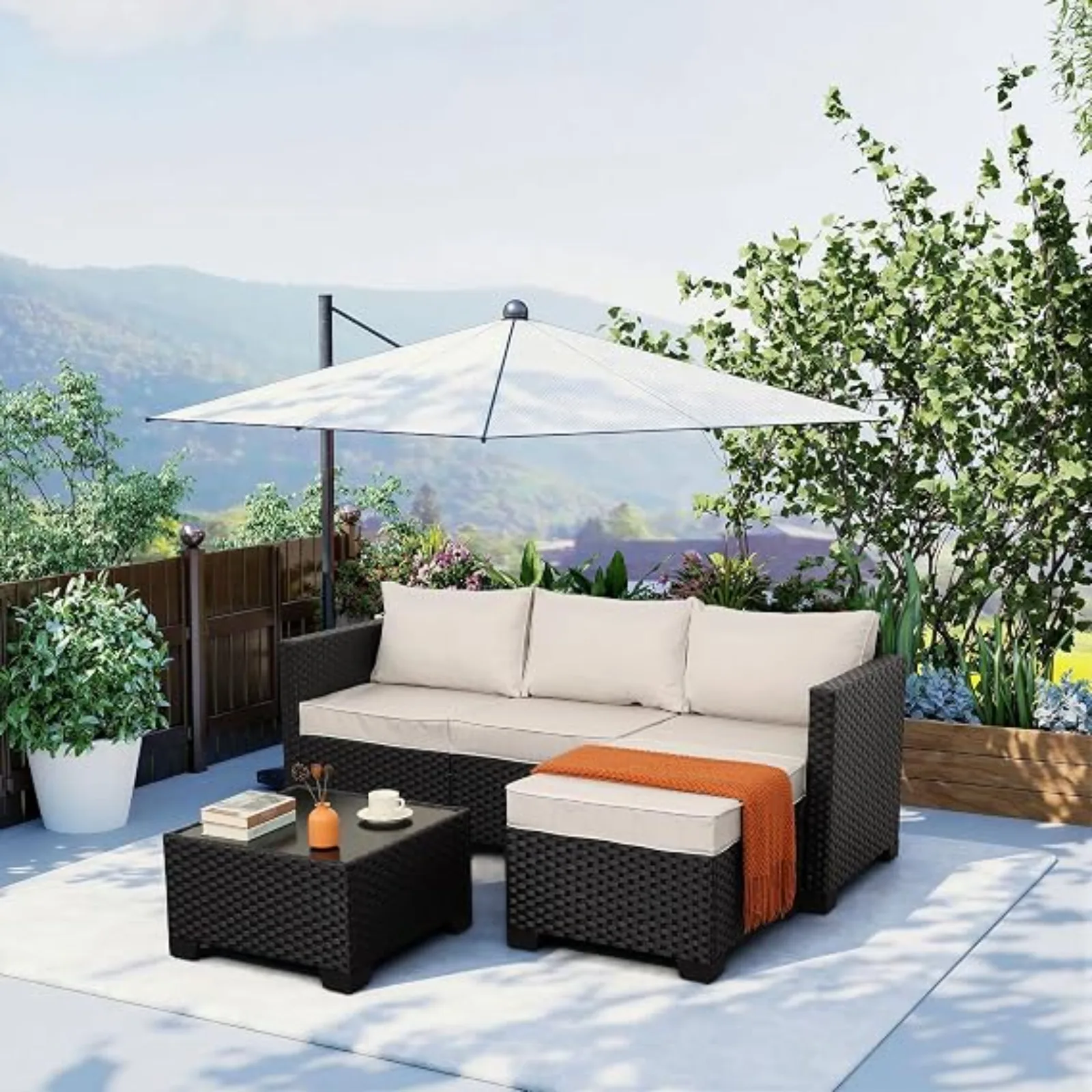 Wicker Patio Furniture Patio Couch 3 Pieces Outdoor Sectional with Ottoman and Outdoor Glass Table Weathering Anti-Slip Cushions Furniture Covers, Light Grey