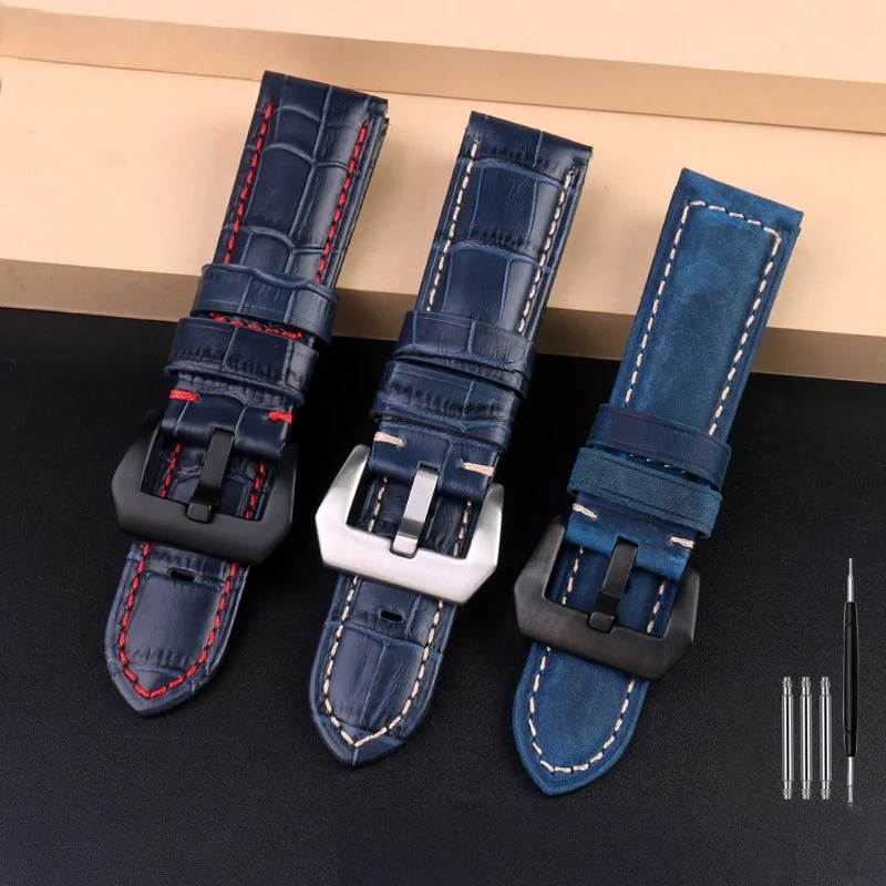 22mm 24mm 26mm Crocodile Pttern Watch Band  Calfskin Leather Men's for Panerai  PAM111 PAM441 Breitling Citizen Bue Watch Strap view 2