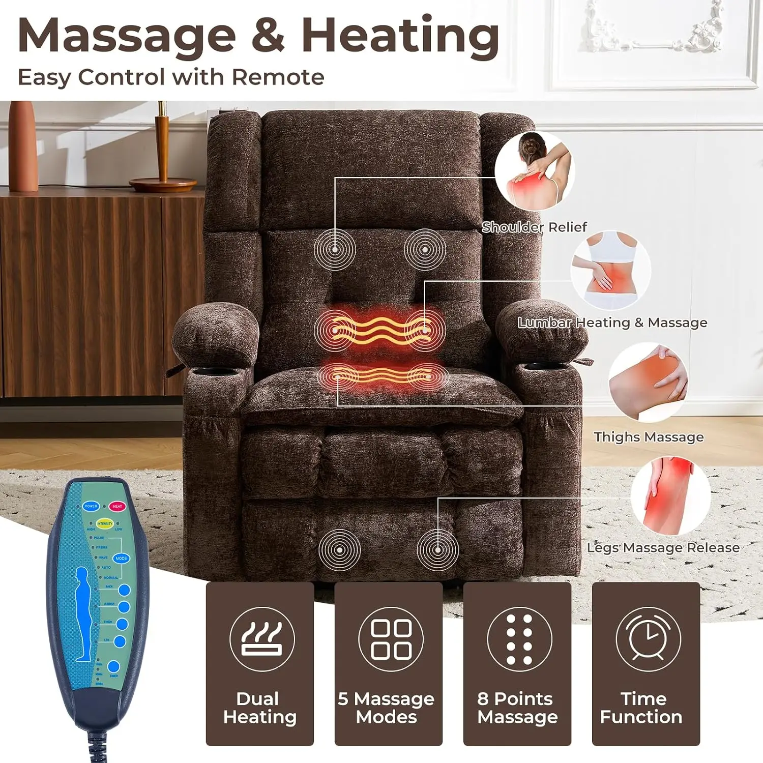 Dual Motor Lift Recliner with Massage & Heat for Elderly, Coffee, Customized
