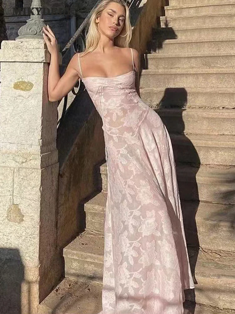 Mikydely Pink Lace Maxi Dress Women Sleeveless Summer Party Dresses Women A Line Elegant Long Evening Dresses Women Lace Pink