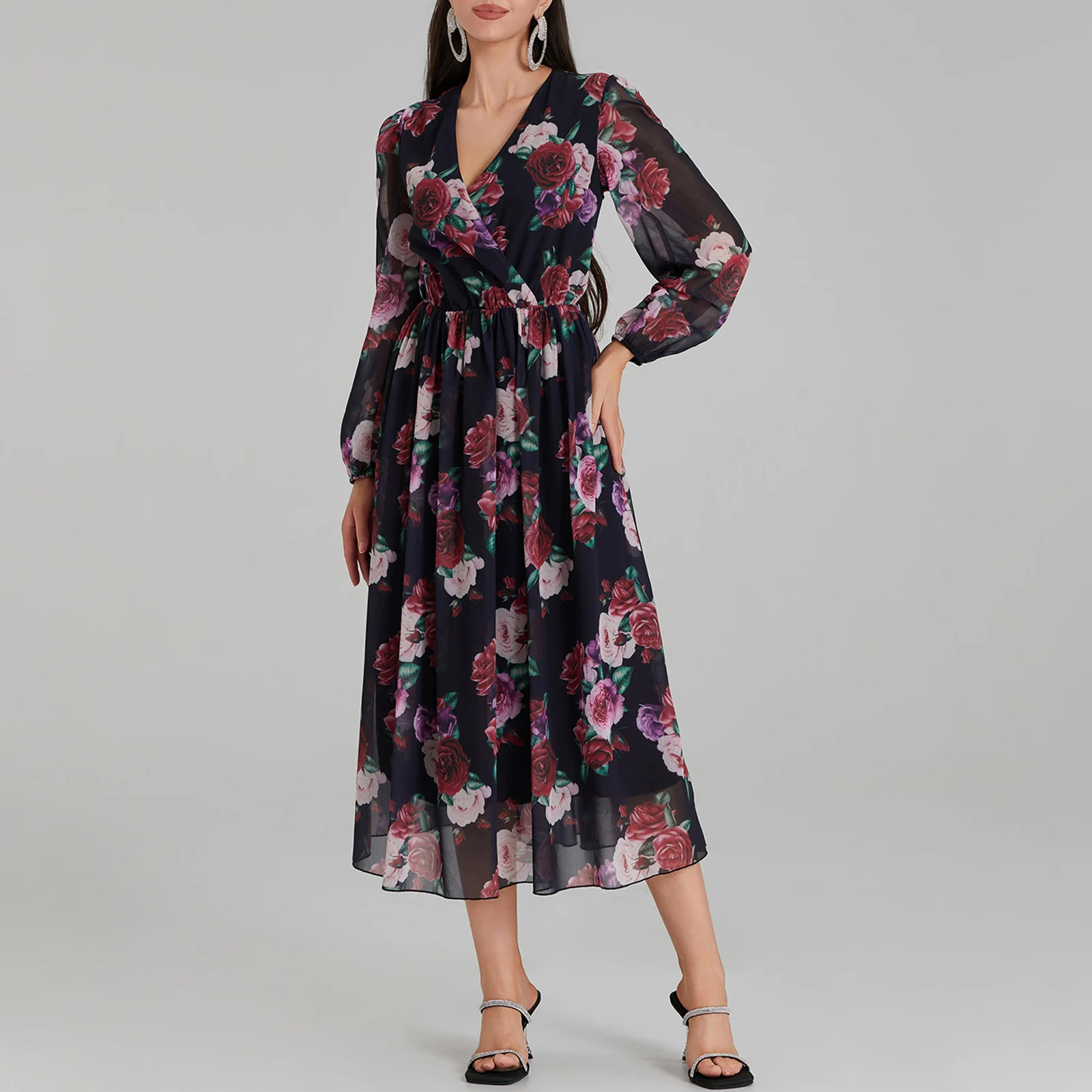 

Women Y2K Aesthetic Fairy Long Dress Floral Print Tighten Waist V-Neck Long Sleeve Flowy Summer Female Dresses Aesthetic Clothes