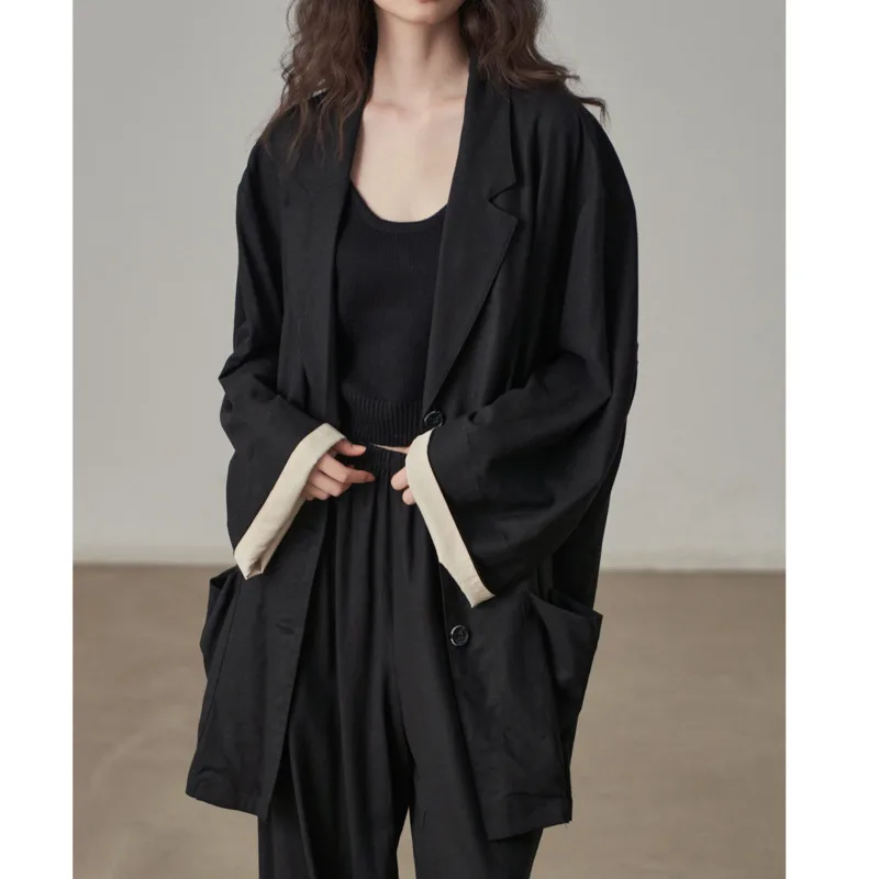 KWTX 2025 Giacca blazer in cotone e lino da donna primavera estate Color block Casual Vintage Tasche bohémien firmate di alta qualità