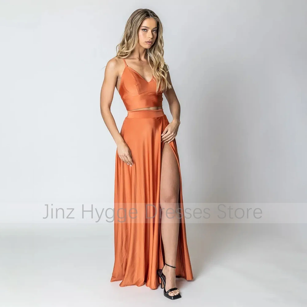 Orange Prom Dress Satin Spaghetti Straps Crop Top 2 Pieces Prom Gowns For Women High Split Backless A Line Party Dresses Long