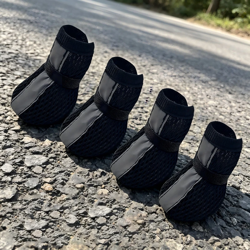 4 Stück/Set Rutschfeste Netz-Hundeschuhe Atmungsaktive Verschleißfeste Haustier-Stiefel mit Reflektorstreifen und Klettverschluss Pfotenschutz – Detail 5