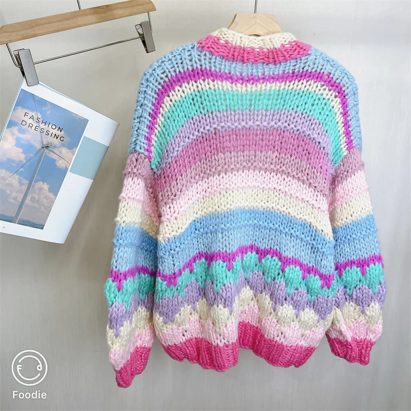 Multi Color Knit Cardigan Striped Handknit Knit Sweater Chunky Vintage Long Sleeve Crochet Tops Autumn/Winter Woman Clothing