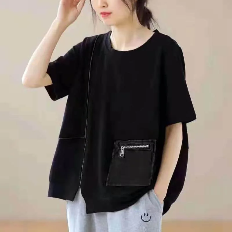 Irregular Design T Shirts Women 2024 Summer Trend Oversized T-shirt Fashion Patchwork Pockets Tshirt 100% Cotton Thin Loose Tops