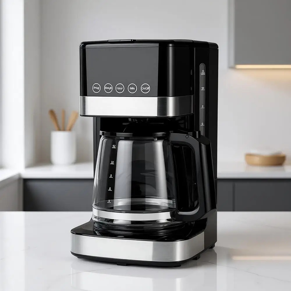 

12-Cup Drip Coffee Maker with Glass Carafe, Auto-Off, Touch Controls, Auto-Pause, Removable Filter Basket, Sleek Black & Silver