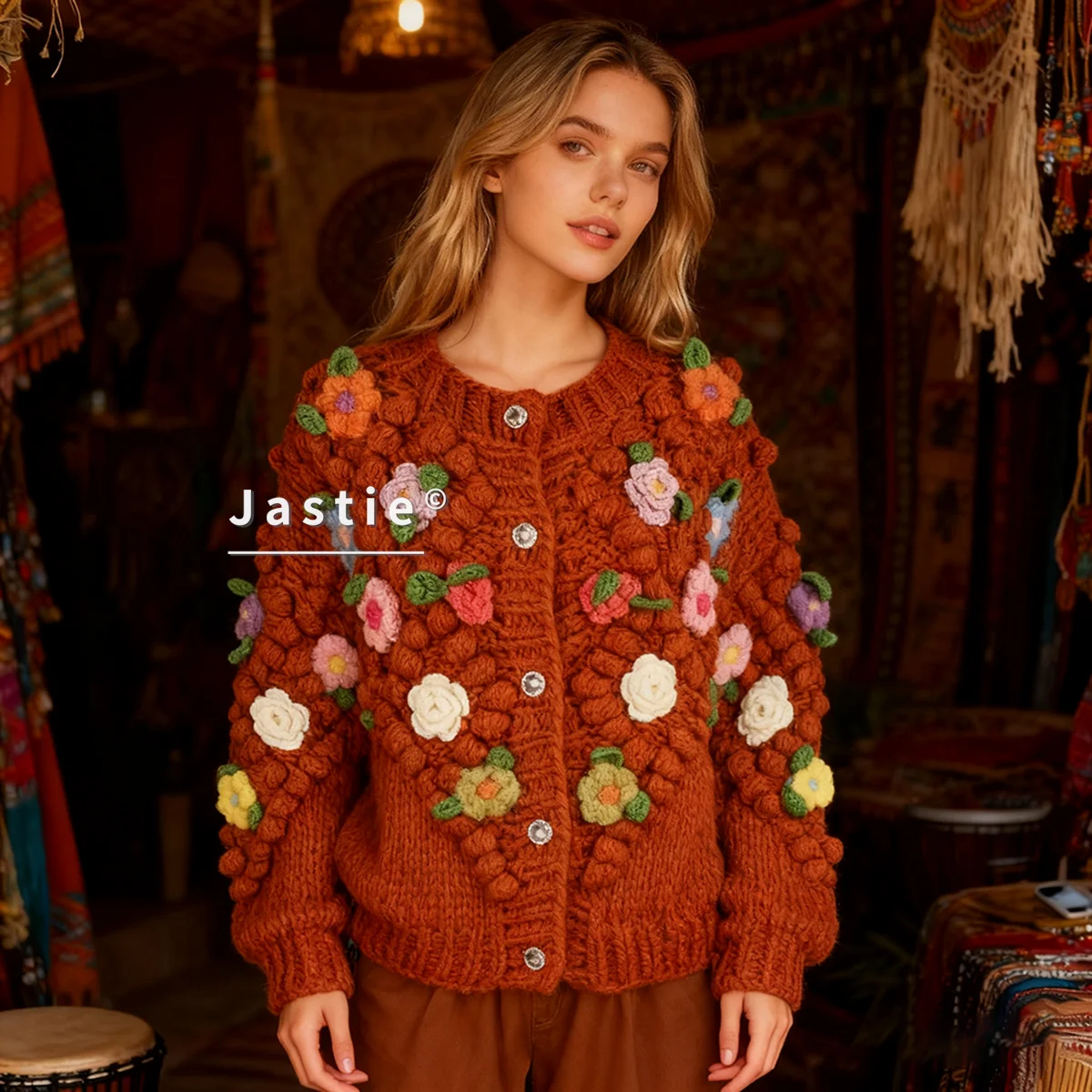 Sweet Cardigan Sweater Women Autumn/winter Style Bohemian Floral Round Neck Long Sleeves Single-breasted Loose Knit Cardigan