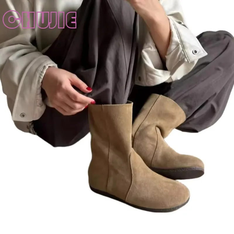 CHUJIE Comfortable Texture Flat Bottomed Short Boots Round Toe Women's Boots Autumn And Winter New Soft Soled Wide Leg Boots