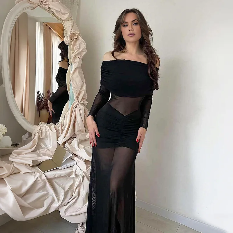 

Elegant Off The Shoulder Women Mesh Sheer Party Gown Backless Pleated Evening Dress Black Long Sleeve Chic Vestido de cóctel