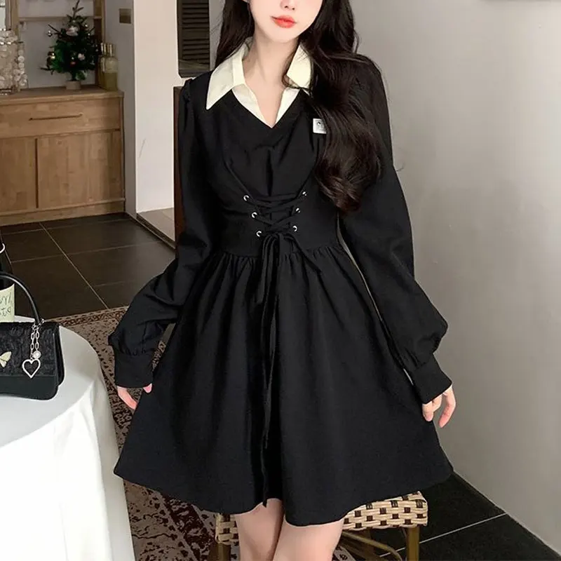 Commute Polo-Neck Mini Dress Women's Clothing Patchwork Basic Spring Autumn New A-Line Stylish Bandage Waist Korean Aura Dresses