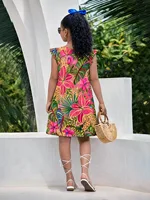 Kids Girls Tropical Floral Print Dress, Short Ruffle Sleeve Round Neck Lace Trim A-Line Casual Summer Dress 2