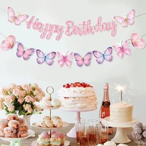 Banner de feliz cumpleaños rosa con mariposa bailando colgante colgante guirnaldas niñas princesa 1ra de feliz cumpleaños decoraciones de fiesta 12 mejores decoraciones de cumpleaños de princesas de ventas - №10