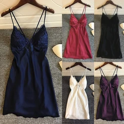 Ladies Sexy Silk Satin Night Dress Sleeveless Embroidery Nighties V Neck Nightgown Nightdress Lace Sleepwear Nightwear For Women