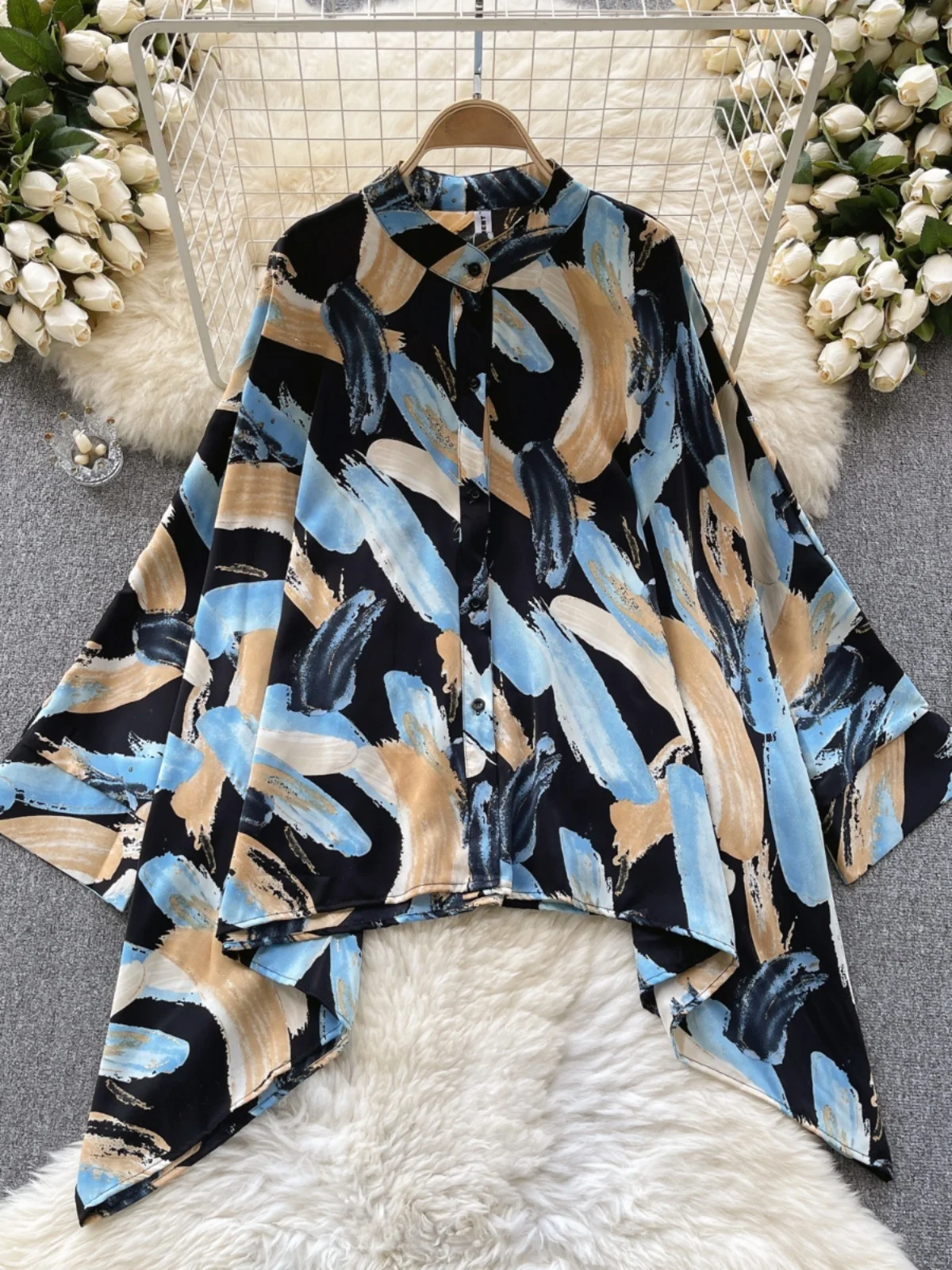 

Faionable Loose Batwing Sve irt Асимметричный принт Легкий для похудения Корейский Sle Полиэфирное волокно Long Sve irt