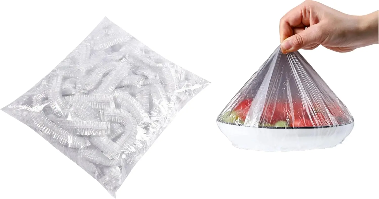 

Reusable Disposable Food Cover Plastic Wrap Easy With Elastic Kitchen Lids Bowls Also Used As Head Cover Or Shoe Cover. (100 Pac