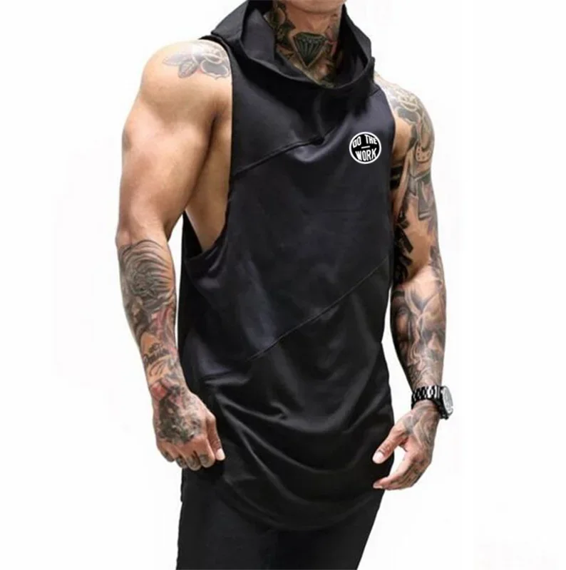 Gym Fitness Sport Tank Tops Splicing Cotton Mesh Sleeveless Hoodie Mens Bodybuilding Hooded Vests Breathable Cool Summer Shirts